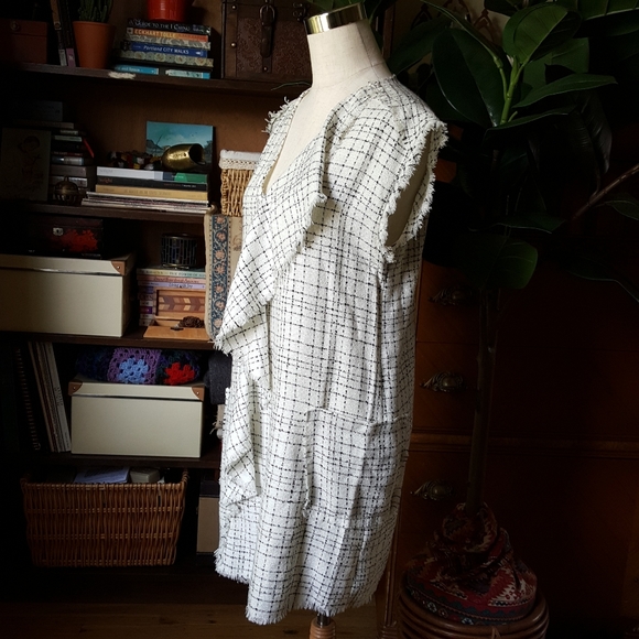 Zara Tweed Asymmetric Ruffle Dress V Neck Pockets - Picture 3 of 9